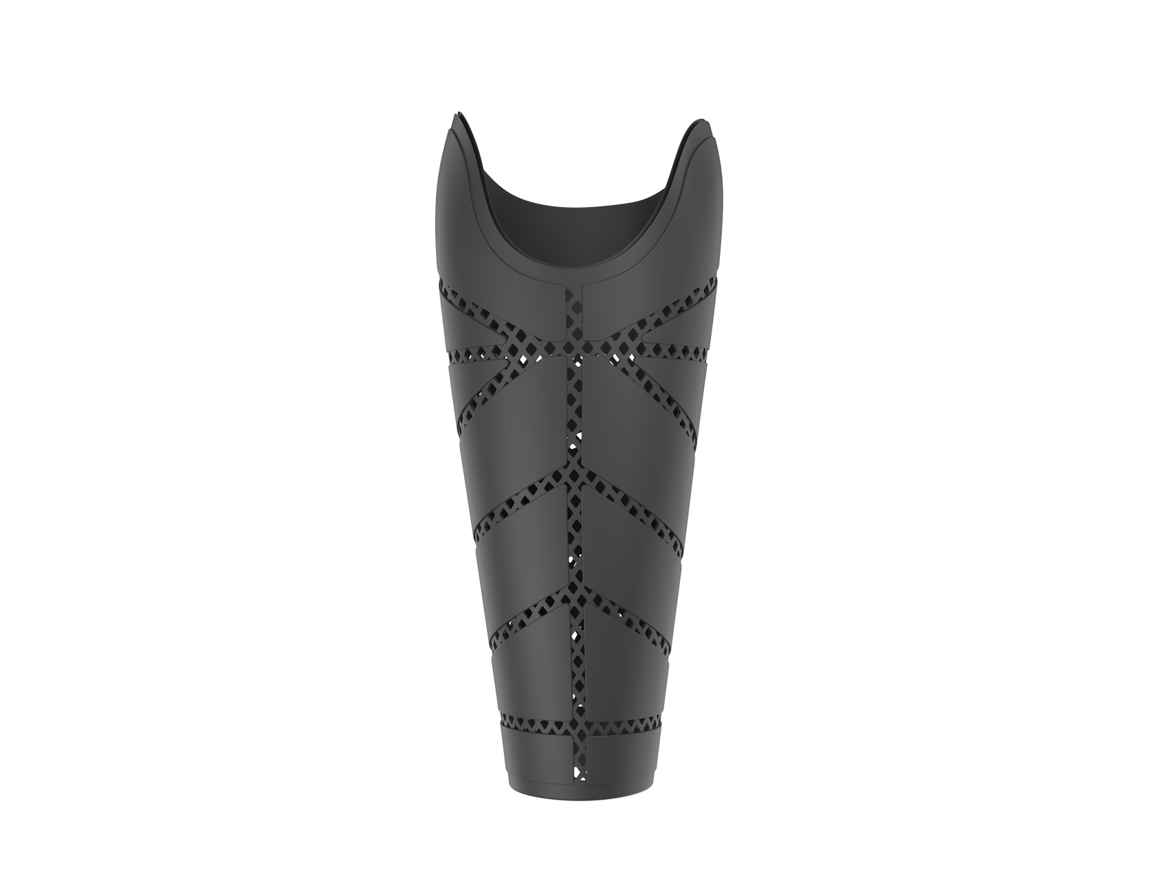 Front view of Armour prosthetic arm cover in black matte with net-pattern base and angular block segments.