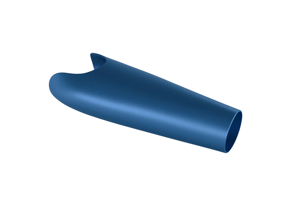 True prosthetic arm cover in metallic blue, featuring a smooth, minimalistic design with a clean, seamless surface.